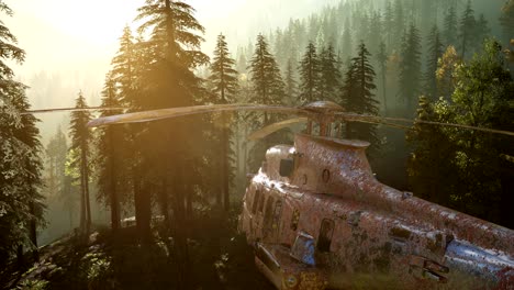Viejo-Helicóptero-Militar-Oxidado-En-El-Bosque-De-Montaña-Al-Amanecer